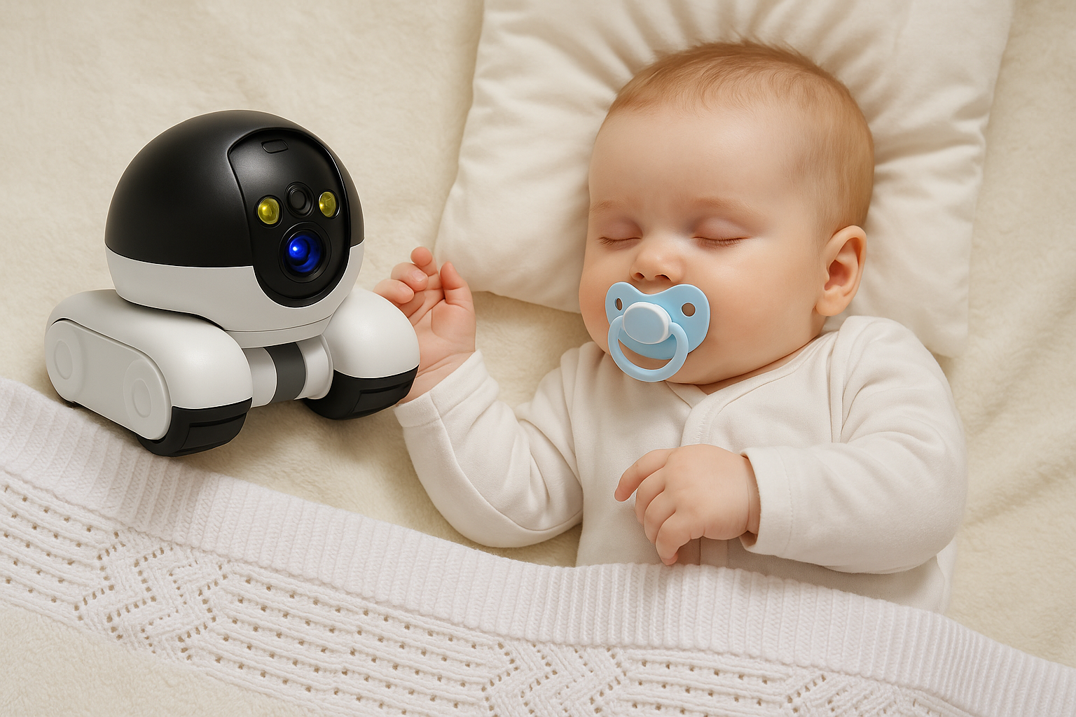 Baby sleaping next to the smart robot security camera BuddyGuard 